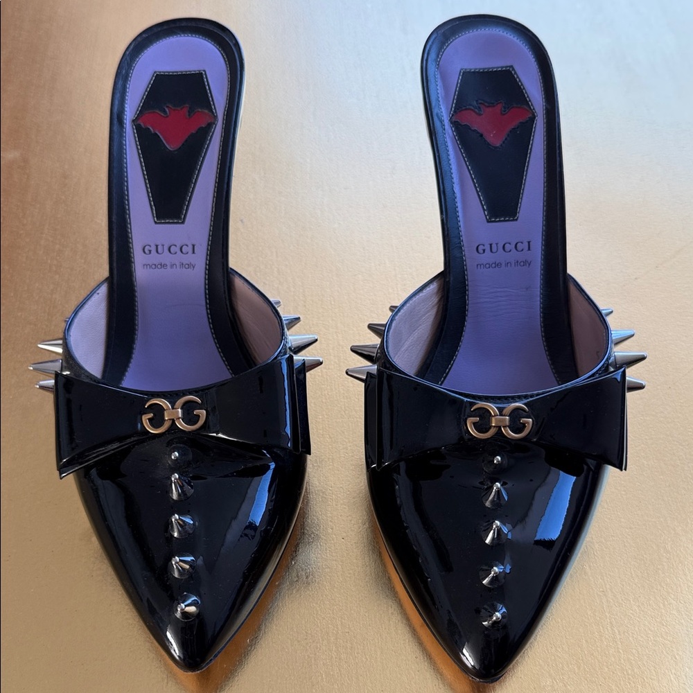 Gucci Black Patent Leather Spiked Mules